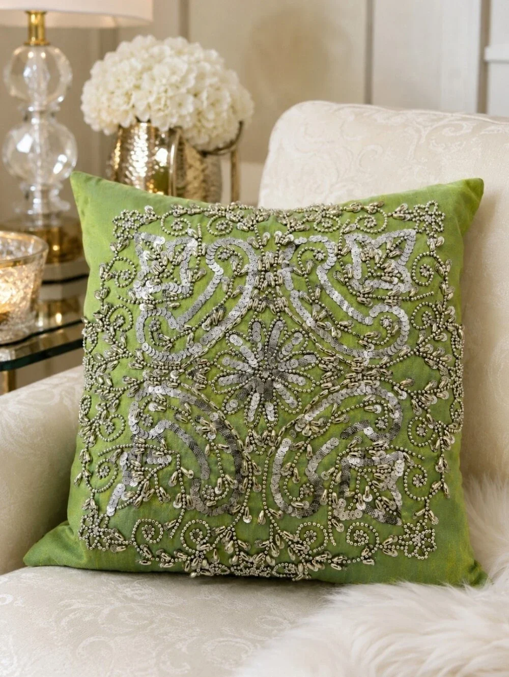 Lime Green Silk Beaded Sequin Accent Pillow Insert Included Glam Paisley